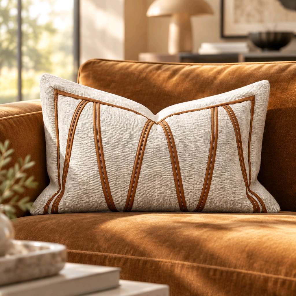 a-lumbar-decorative-throw-pillow-with-a-textured-cream-linen-fabric-and-vertical-brown-embroidered-stripes-styled-on-a-warm-rust-orange-velvet-sofa-in-a-sunlit-living-room