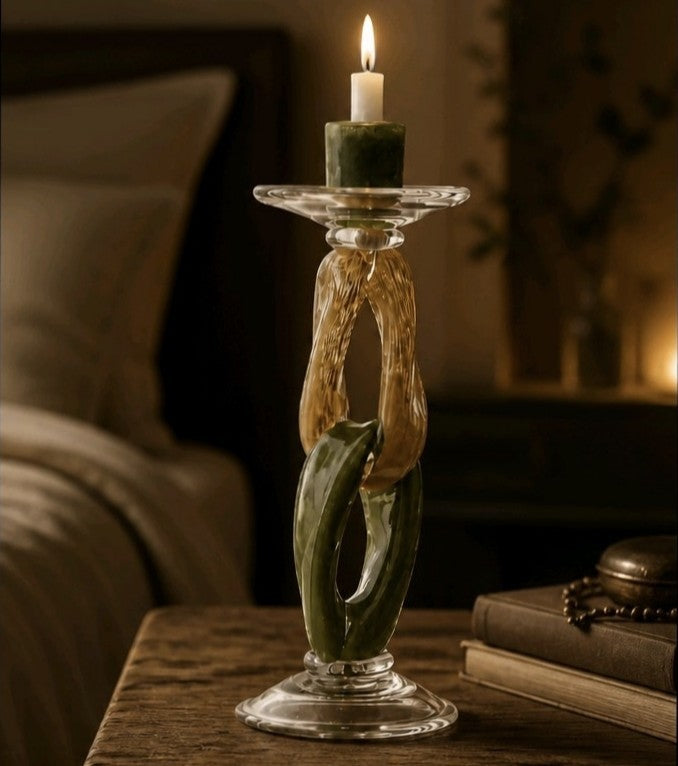 Medium handmade glass candlestick, luxury home decor. Crafted delicately by hand