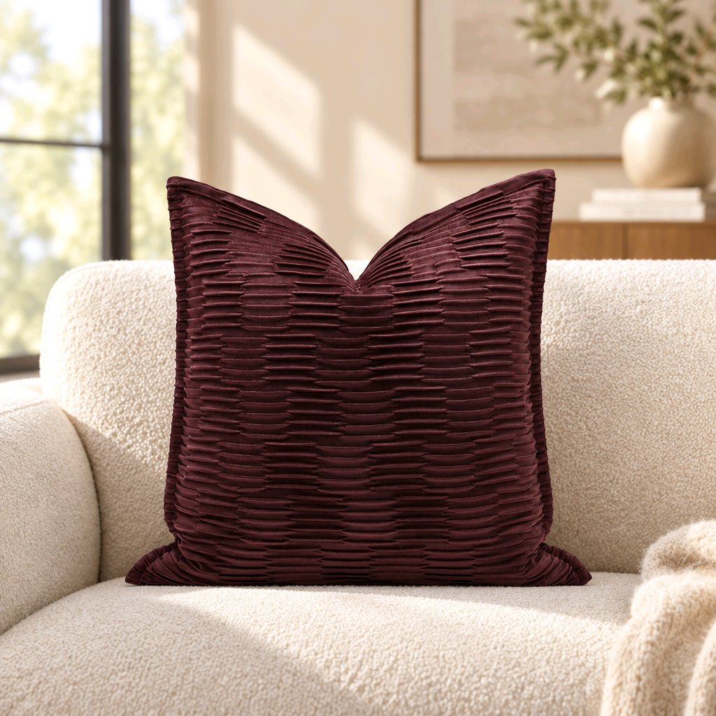 a-square-velvet-throw-pillow-in-deep-burgundy-with-a-textured-pleated-horizontal-ribbed-pattern-resting-on-a-cream-boucle-sofa-in-a-brightly-lit-living-room
