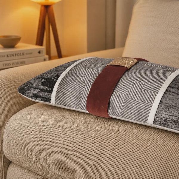 luxury cushions Gray Abstract Throw Pillow 30x50 with Metal Ornament – Modern Lumbar Cushion, Insert Included